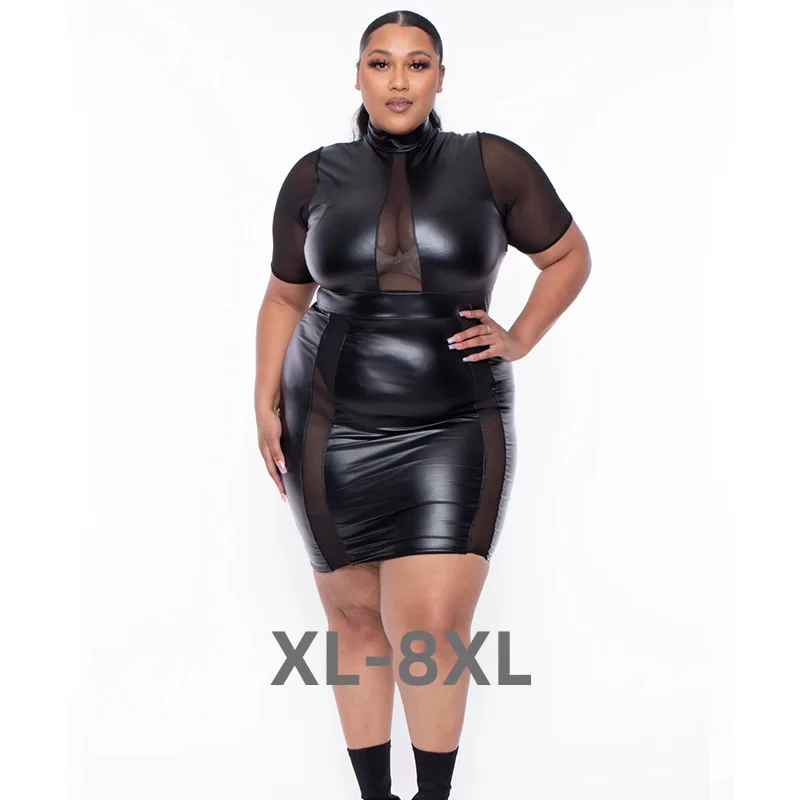 

Plus Size Women Leather Dresses Mesh Patchwork Party Dress Fall Female Skirts Fashion Elegant Gowns Summer 3xl 4xl 5xl 6xl