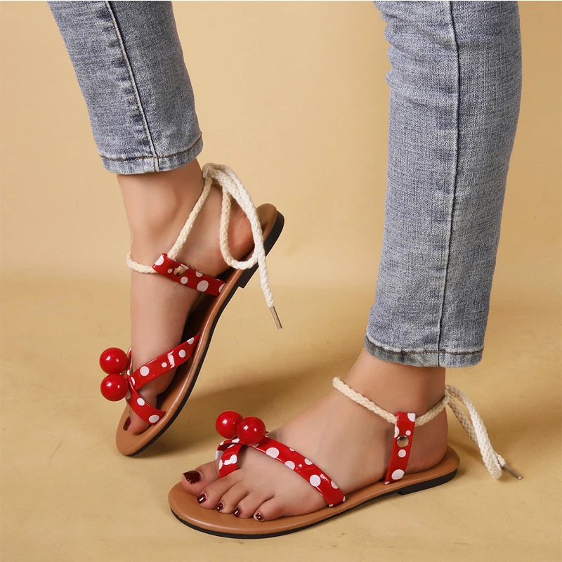 

Polka Dots Sandals Woman Cute Coloful Balls Deco Sandalias Ladies Summer Rope Ankle Tie Beach Flip Flop Shoes