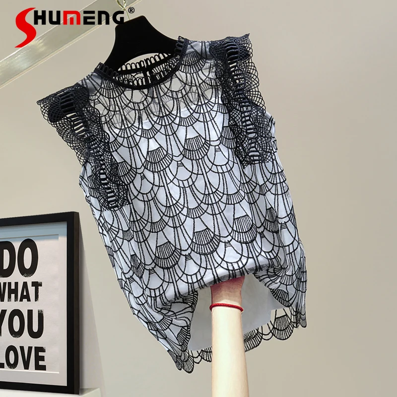 

2021 Summer Lace Crocheted Sleeveless Ladies Shirt Korean Style Slimming Hollow O-neck Top Solid Fashion Simple Pullover Blouses