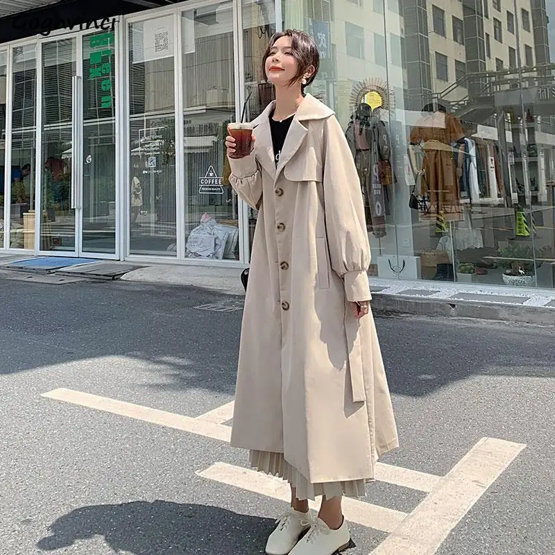 

Trench Women Autumn Solid Medium-long Korean Style Loose Elegant Coat Adjustable Waist Office Lady Fashion Simple Trendy Street