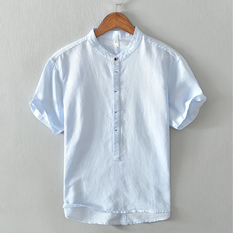 Men Shirt Cotton Linen Stand Collar Short Sleeve Solid Blouse Streetwear Casual Breathable Men Brand Shirts Camisa Harajuku