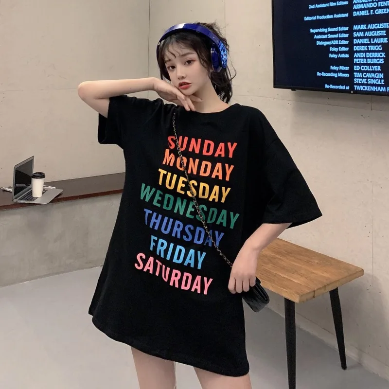 

QNPQYX New Korean Letter Printed T Shirts Short-sleeved Cotton T-shirt Women 2021 Summer Long Loose Round Neck Top Ins Tide