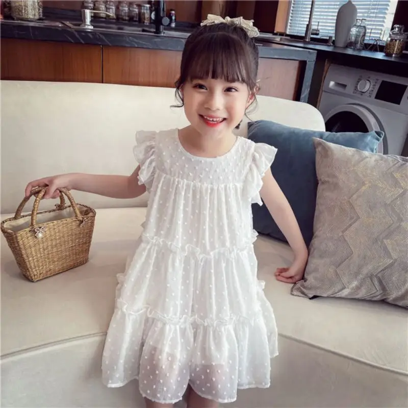 

Summer Cotton Girls' Fluffy Chiffon Layered Dress Short Sleeve Princess Dress Straight Elegant Party SolidCasual Dress