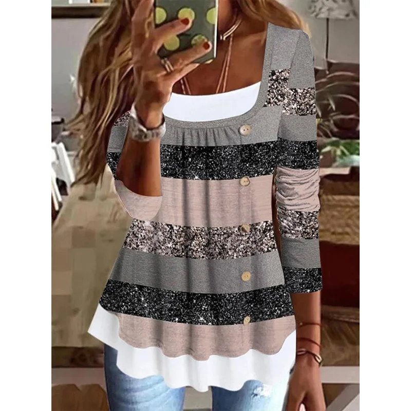 

Повседневный Женский пуловер с круглым вырезом, модная Лоскутная плиссированная футболка с длинным рукавом и пуговицами, винтажная Свободная блузка в полоску с рисунком