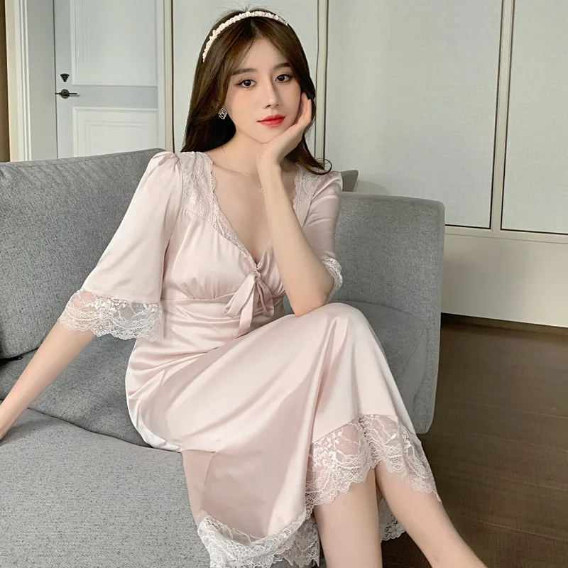 Sleep Top Ice Ribbon Chest Pad Long Knee-length Lace Princess Palace Thin Pajamas Worn Outside Home Clothes Woman Sleepwear Sets