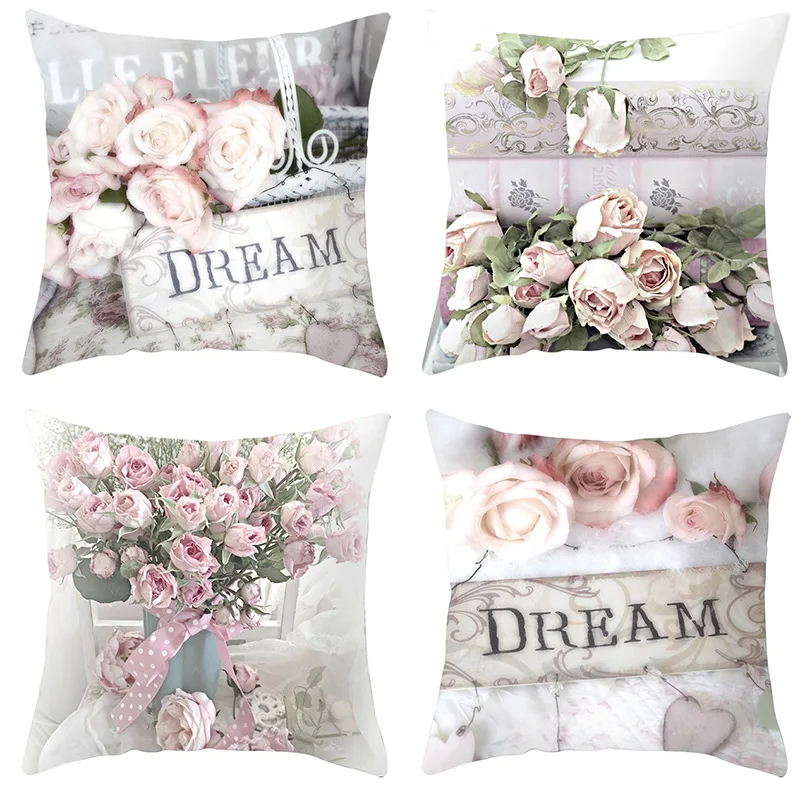 

4pcs Vintage Rose Series Pillow Cover Home Sofa Back Cushion Throw Case Flower Pillowcase For Bedroom Home Office Decorative