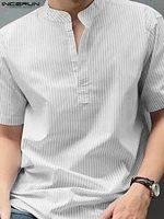 handsome well fitting new men tops incerun hot sale striped short sleeve shirts stylish male all match stand collar blouse s 5xl