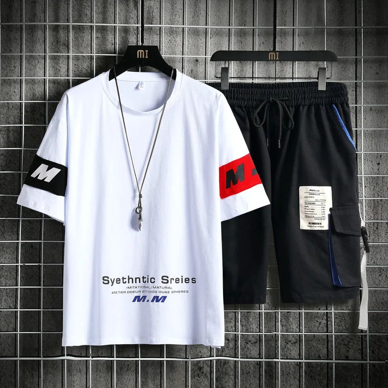 

Mens T Shirt And Shorts Sets 2022 Summer Harajuku Trendy Cotton Casual Tshirt Khaki Cargo Pockets Hip Hop Man Tracksuit 2 Piece