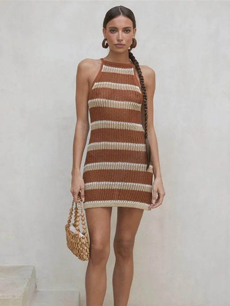 

Y2K Hollow Out Knit Bikini Cover Ups Women Summer Sleeveless See Through Bohemian Beach Dress Sexy Loose Swimwear Cover-ups