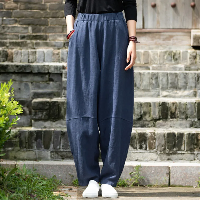 

Women Retro Long Pants Elastic Waist Spliced Bloomers Spring Autumn Female Trousers Plus Size Loose Casual Ladies Chic Pants