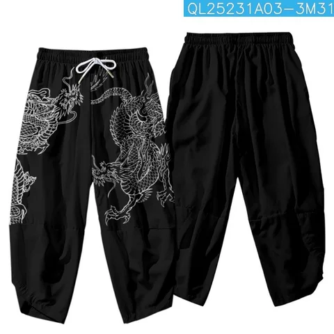 Черные мужские японские шаровары с мультяшным китайским драконом, повседневные эластичные укороченные брюки, уличная одежда