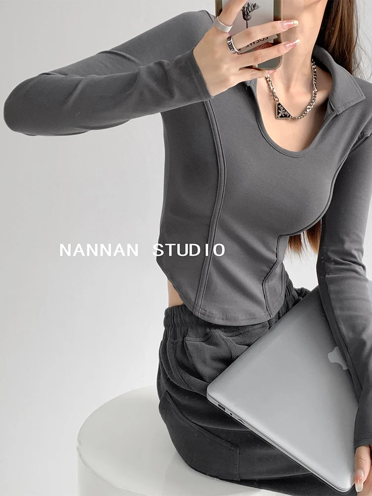 

2022 Autumn Women New Irregular Short T-shirt V-neck Slim Y2K Lady Soft Harajuku Tee Long Sleeve Clothes American Style Vintage
