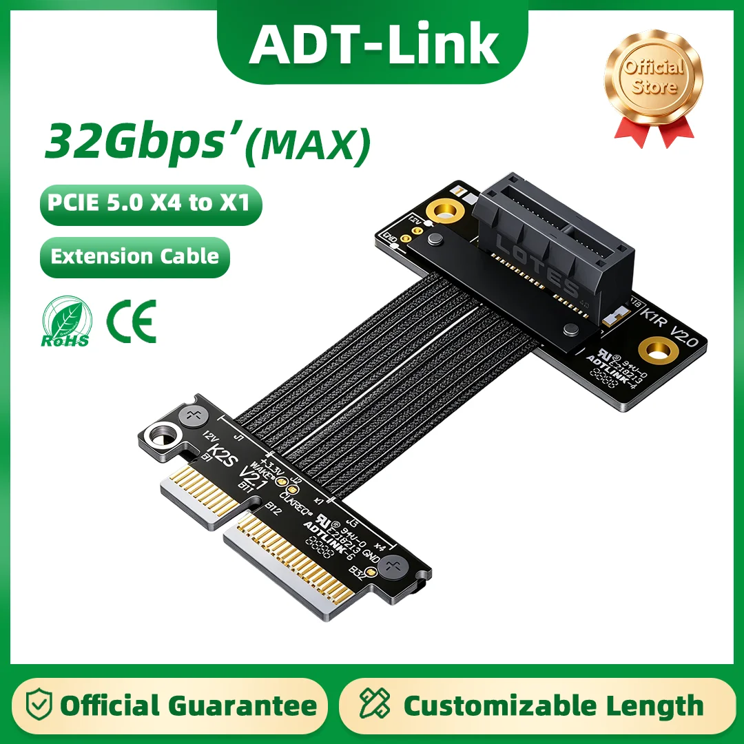 Фото Кабель-удлинитель ADT-Link PCIe 5.0 X4-X1 для видеокарт, адаптер-райзер, поддержка сетевых карт, SSD-накопителей, USB-карт расширения №1