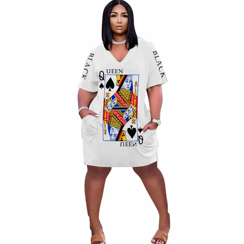 

T Shirt Short Dress Women V Neck Half Sleeve Knee Length Ropa Mujer Summer Poker Print Pocket Street Style Casual Dress Vestidos