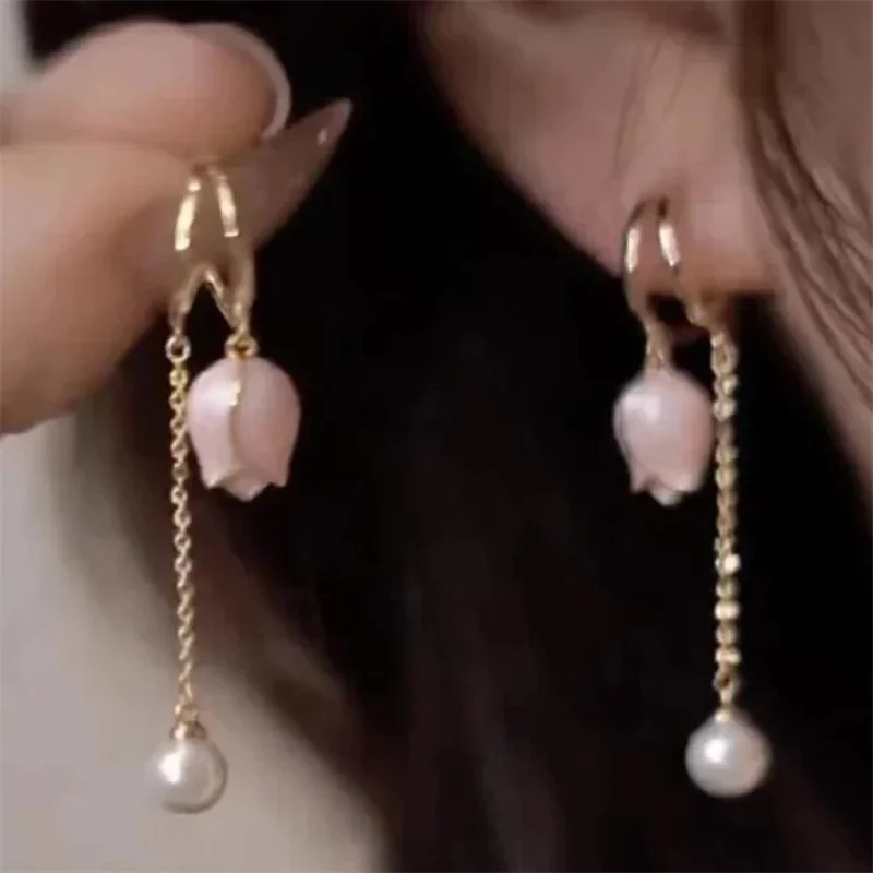 Корейские изысканные нишевые серьги-тюльпаны с кисточками и жемчугом милые