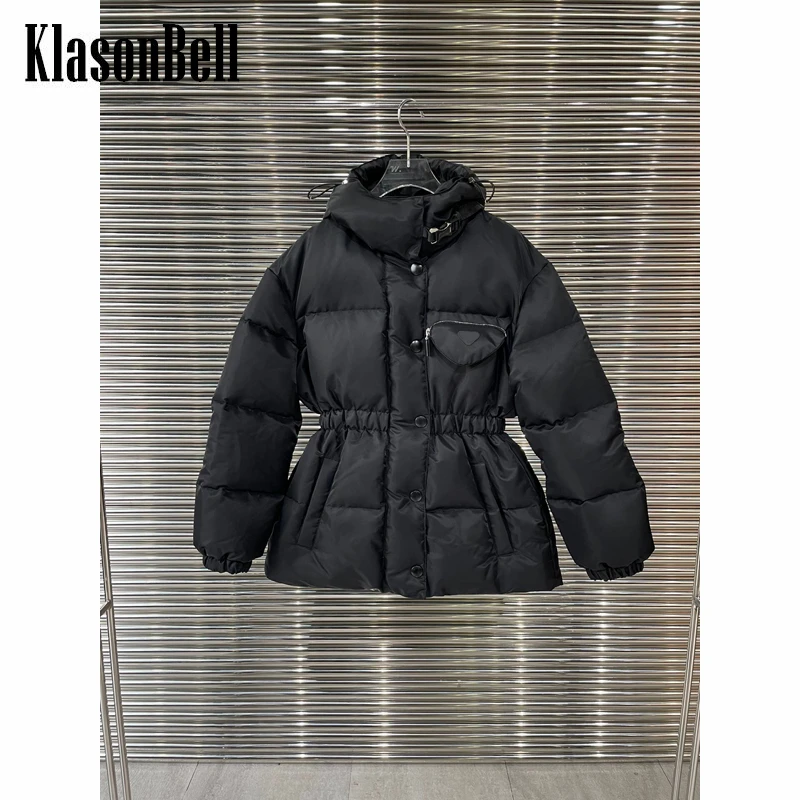 

10.11 KlasonBell Black Down Coat Women Fashion Zipper Collect Waist Hooded Drawstring Midi Outerwear