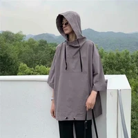 2022 summer drawstring short sleeve hooded clothes korean harajuku fashion pocket casual hip hop punk oversized sweatshirt black