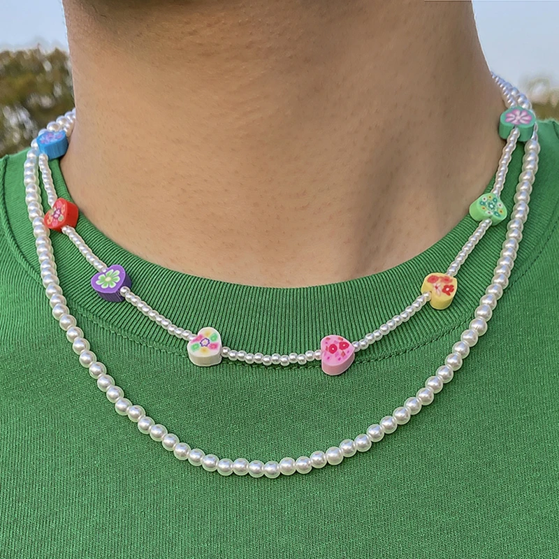 

2022 Trendy Y2k Jewelry Geometric Heart Flowers Handmade Beaded Simulated Pearls Multi Layer Chain Choker Necklace For Women