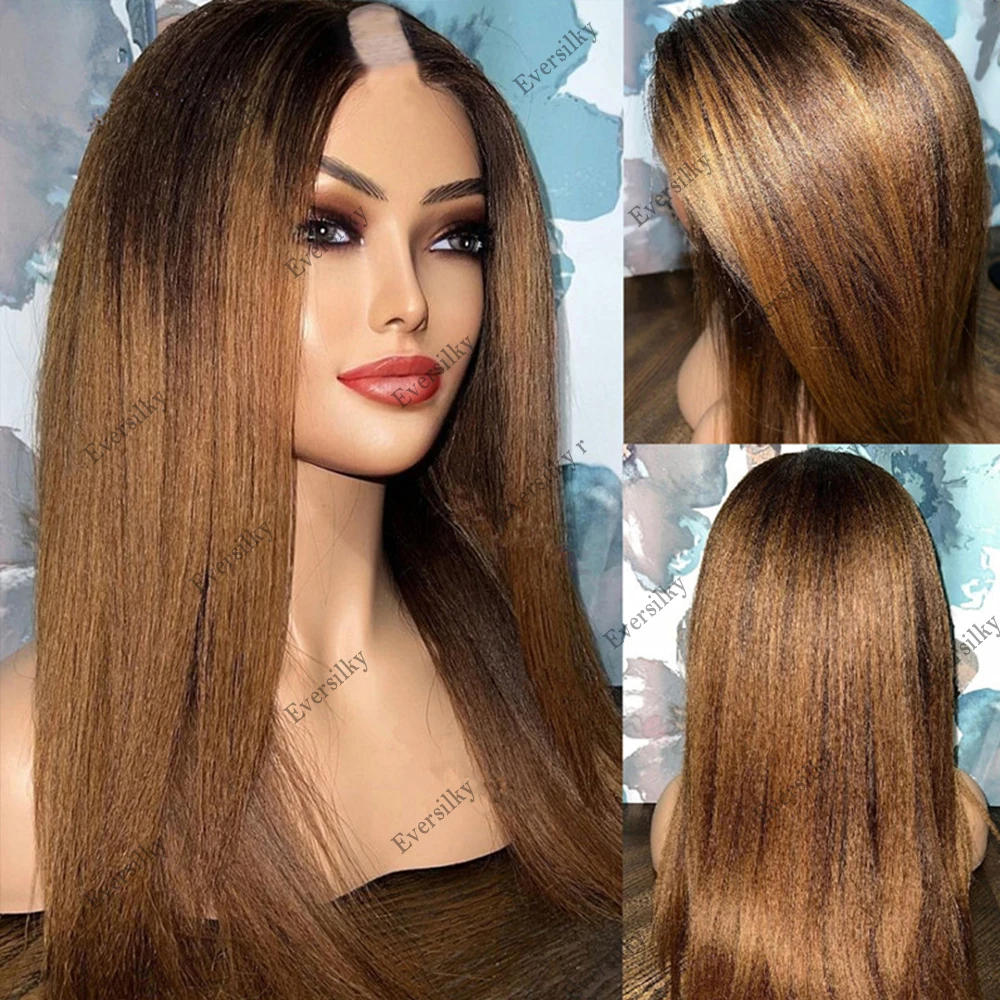 

Ombre Medium Auburn Kinky Straight V Part Wig 100% Remy Hair Yaki Chestnut Brown Glueless Women's V Part Wig None Lace Full End