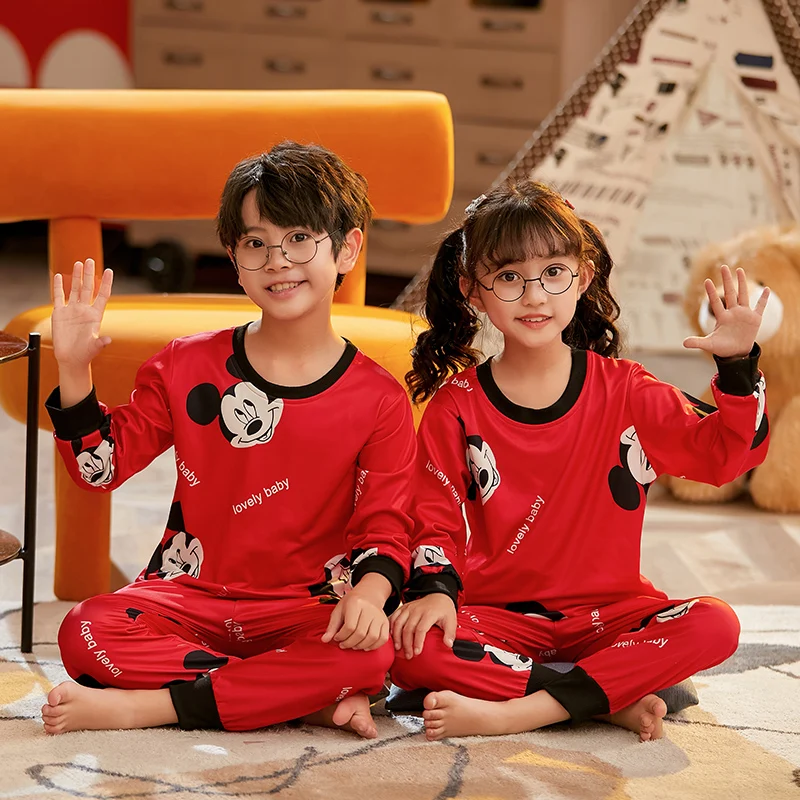 

Disney 2022 Children Pajamas Set Cotton Autumn Long Sleeve Trousers Cartoon Sleepwear Baby Boys and Girls Sleepwear Suit
