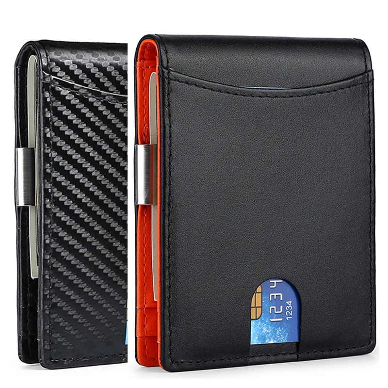 Men's Short Style Leather Top Layer Cowhide Carbon Fiber Pattern Card Holders For Men Double Fold Money Clip Carteira Masculina