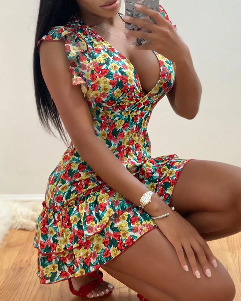 

Woen платья Suer, сексуальное пляжное платье с V-образным вырезом и цветочным принтом в стиле бохо, с оборками и коротким рукавом, ТРАПЕЦИЕВИДНОЕ мини-платье, сарафан, Халат