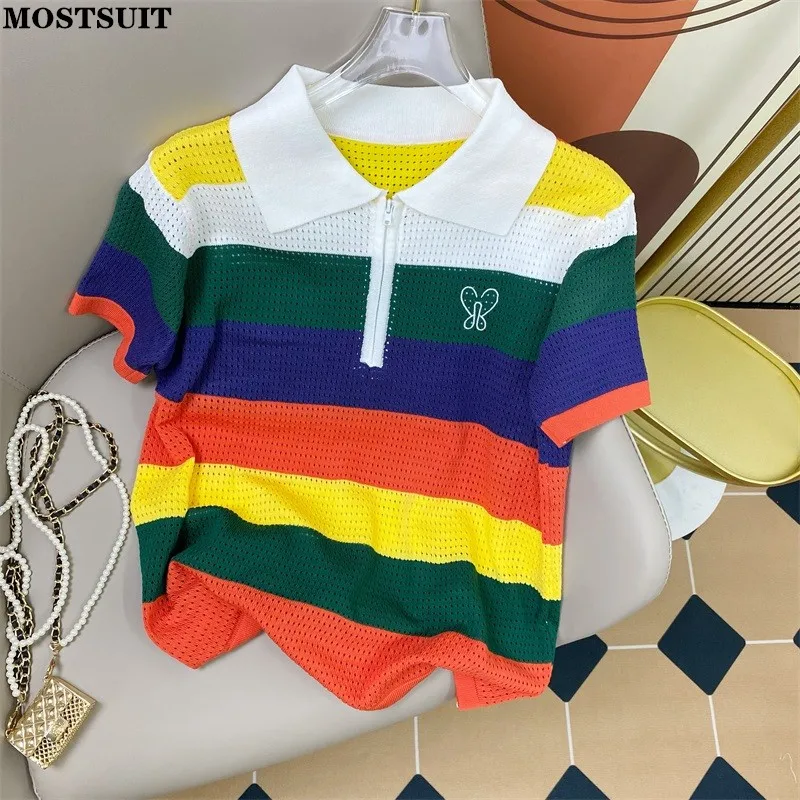 

Summer Colorful Striped Knit Sweater T Shirt Women 2022 Embroidery Zip-up Hollow Tops Short Sleeve Casual Fashion Ladies Tees
