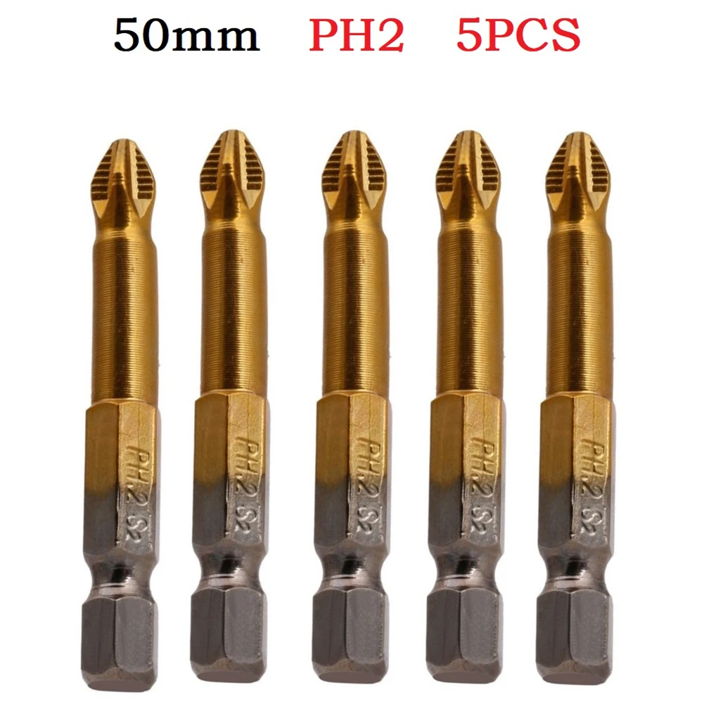 

5PCS PH2 50mm Titanium Coated Electric Screwdriver Bit 1/4in Hex Shank Non-slip Compatible With Drill Chuck Hand Tools