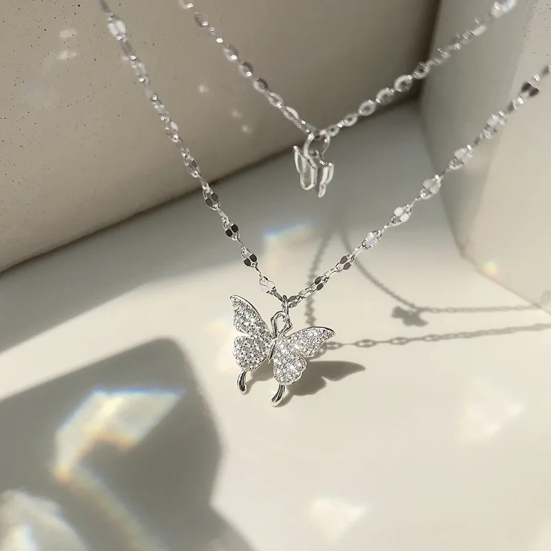 2022 New 925 Silver Pendant Necklace Fairy Wind Double Butterfly Pendant Necklace Stacked Wearing Silver Jewelry