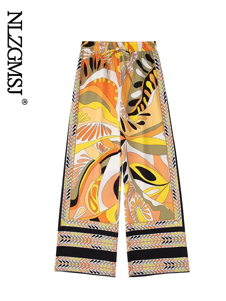 

Nlzgmsj Za 2022 Print Wide Leg Pants Women Pleated Mid Waist Women Trousers Vintage Office Baggy Pants for Women Streetwear