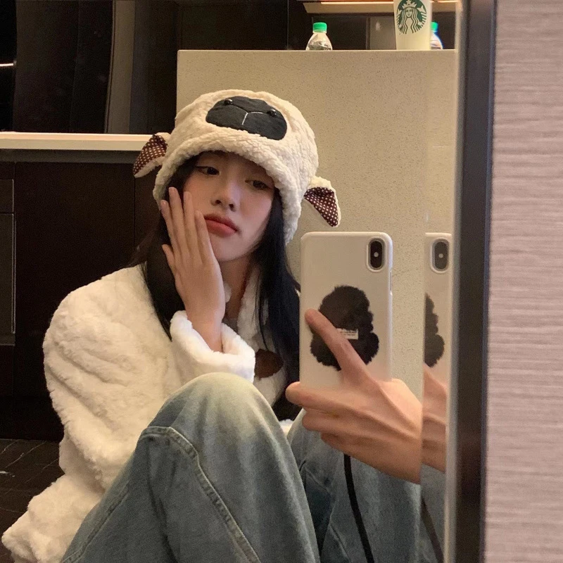 1 шт. плюшевая утолщенная теплая пуловерная шапка из овечьей шерсти Y2K для женщин
