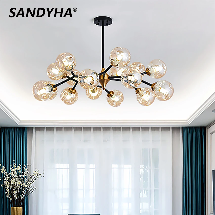 

SANYAHA Chandeliers Nordic Glass Ball E27 Ceiling Pendant Lamp Molecular Design Led Light for Dining Living Room Kitchen Bedroom