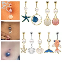 zs 1pc 14g 316l stainless steel belly button ring for women girls pearl shell fish dangle navel piercing summer body jewelry