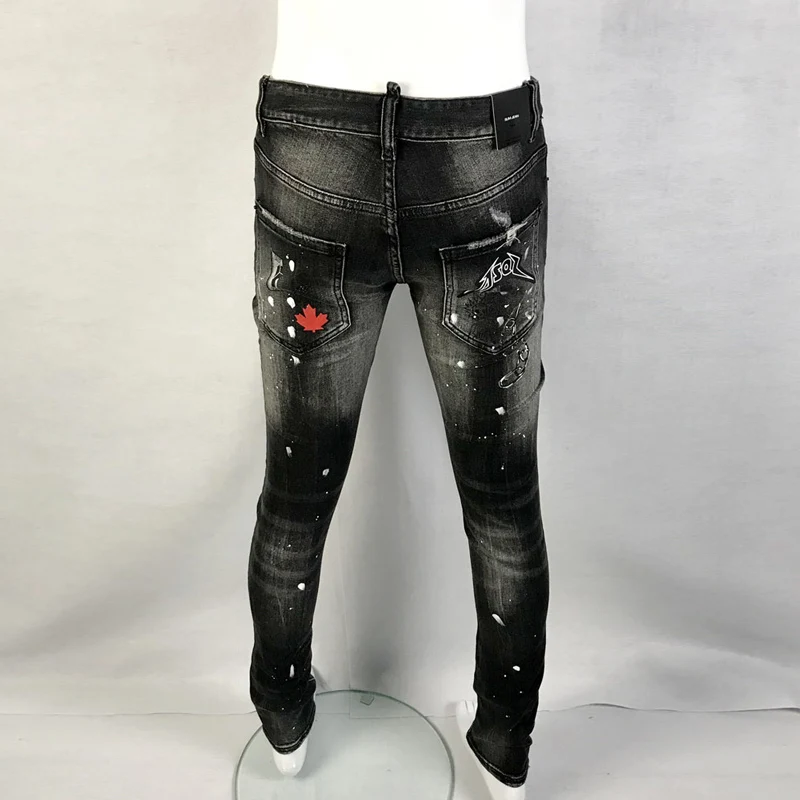 Street Fashion Men Jeans Retro Black Gray Elastic Stretch Slim Fit Ripped Jeans Men Printed Designer Hip Hop Brand Pants Hombre