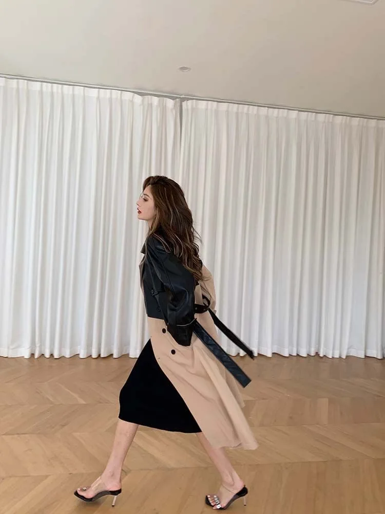 COZOK Winter Black Khaki Splice Windbreaker Coat Women 2022 New Style Fashion Leather Coat Women Y2K Retro Coat Women