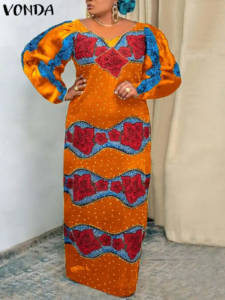 

Женский летний сарафан VONDA 2023, богемное Макси-Платье с принтом, сексуальное повседневное свободное винтажное платье с V-образным вырезом и длинным рукавом-фонариком