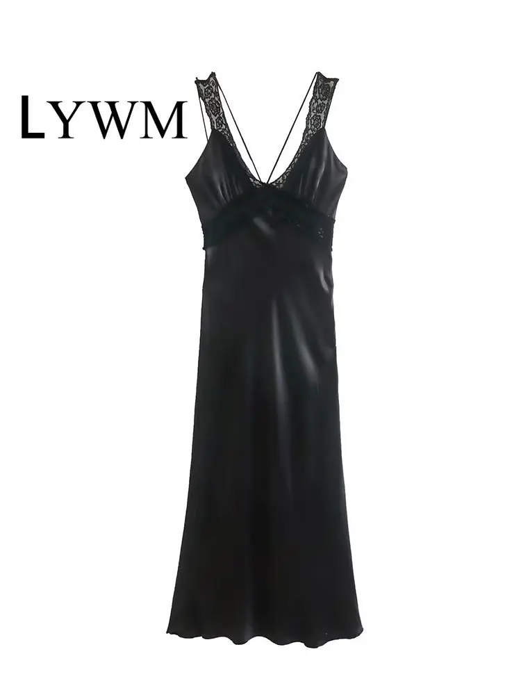 

Модное женское черное атласное платье LYWM средней длины со шнуровкой, винтажные женские шикарные платья на тонких бретельках с V-образным вы...