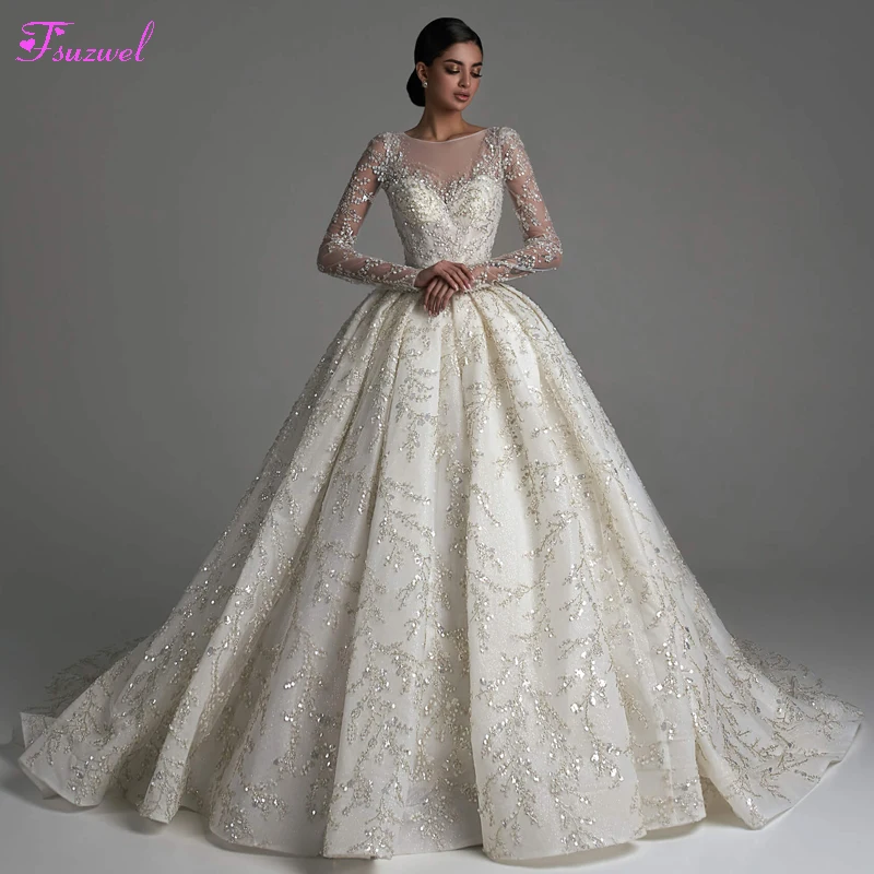Романтическое бальное платье Fsuzwel с круглым вырезом и длинным рукавом, свадебное платье 2023, вышитая искусственная кожа, свадебное платье пр...
