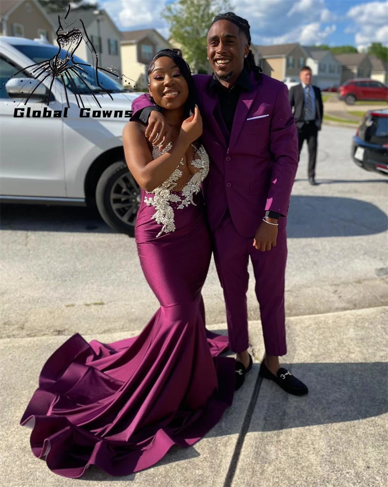 

Purple Sheer O Neck Long Prom Dress For Black Girls 2023 Appliques Beaded Birthday Party Dresses Evening Gowns Mermaid Robe De