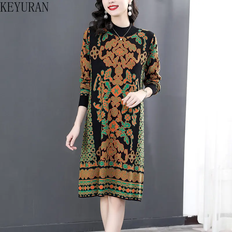 

Women Jacquard Knitted Midi Dress 2022 Autumn Winter Vintage Elegant Fashion LongSleeve Loose Sweater Dresses Ladies Vestidos