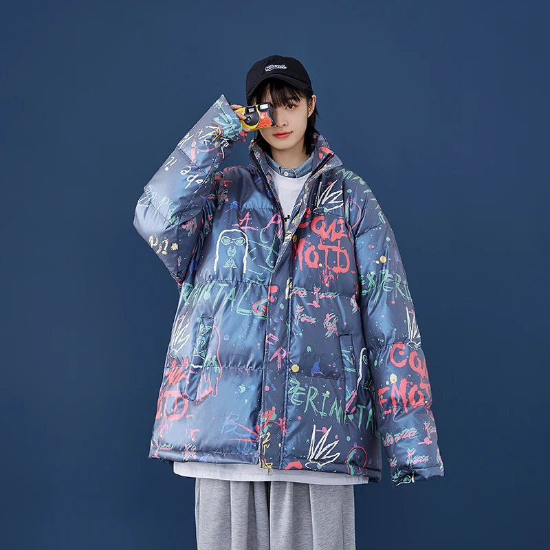 Colorful Letter Graffiti Puffer Jacket for Women Korean Fashion Trends Couples Clothing Teenage Oversized Winter Coat Streetwear