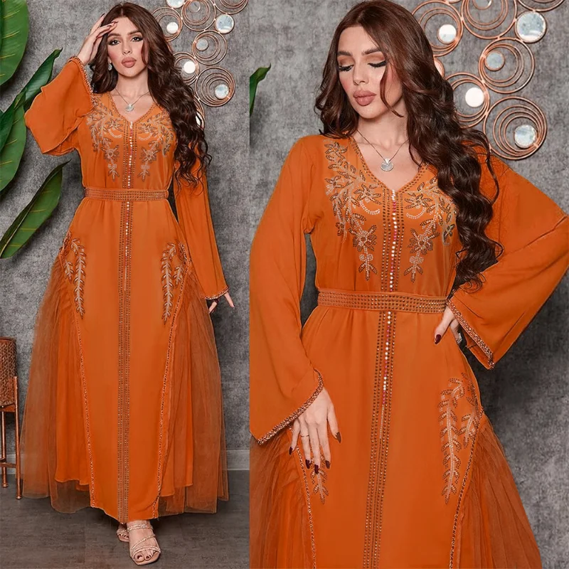 Summer Elegant Muslim Women Long Sleeve V-neck Polyester Orange Long Abaya Muslim Fashion Dresses Maxi Dress Abaya Dress