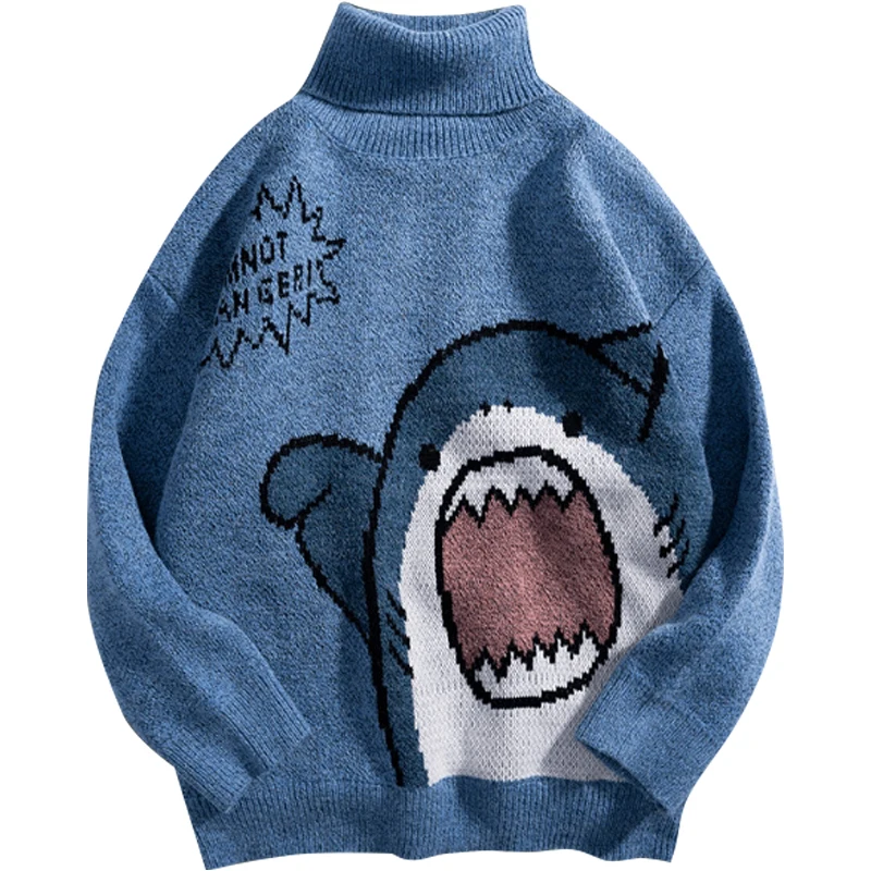 

Hip Hop Harajuku High Neck Vintage Sweater 2022 Winter Japanese Cartoon Knitted Sweater Couples Streetwear Men Pullovers Knit