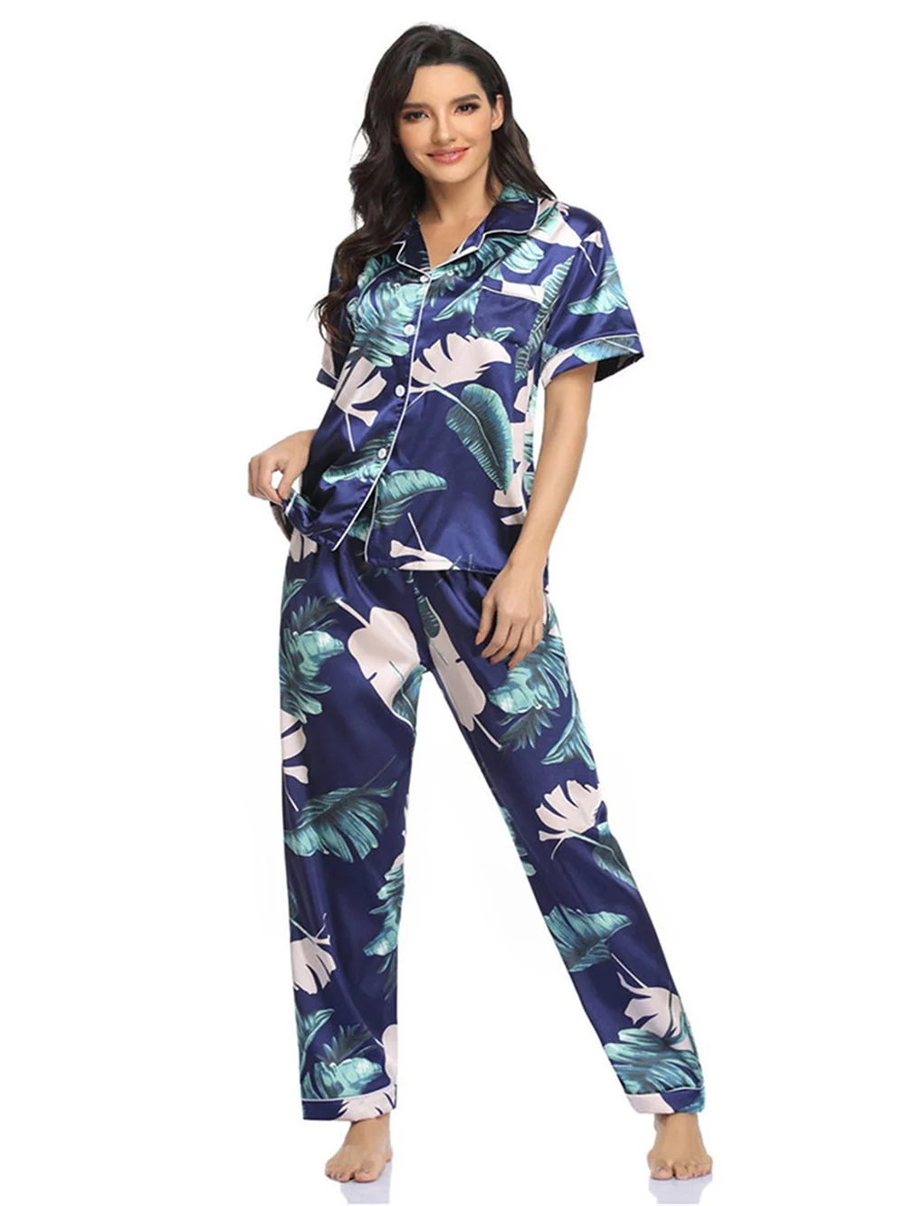 Women's Loose Loungewear Floral Print Button Down Pajamas Set Short Sleeve Nightwear Pants Sleepwear  Pjs Sets Homewear Summer