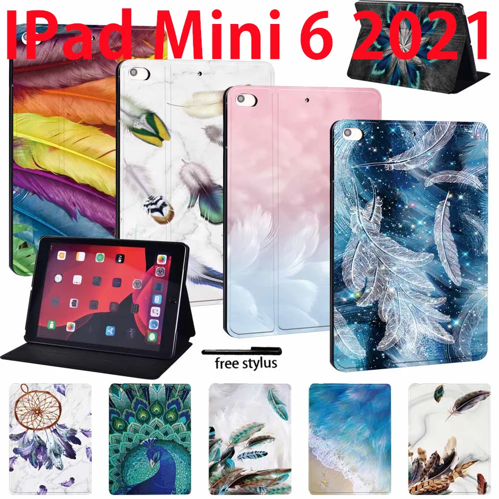 

For IPad Mini 6 Case 2021 PU Leather Flip Cover Feather Pattern for IPad Mini 6th Generation 8.3 Inch 2021 Tablet Case Funda