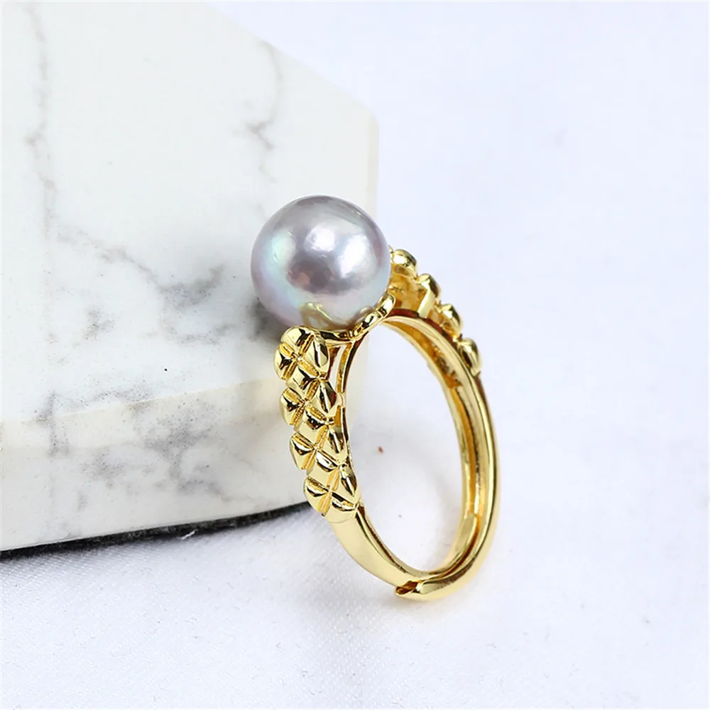 

14K gold injection DIY accessory ring vintage diamond check pearl adjustable open ring accessories empty bracket jewelry