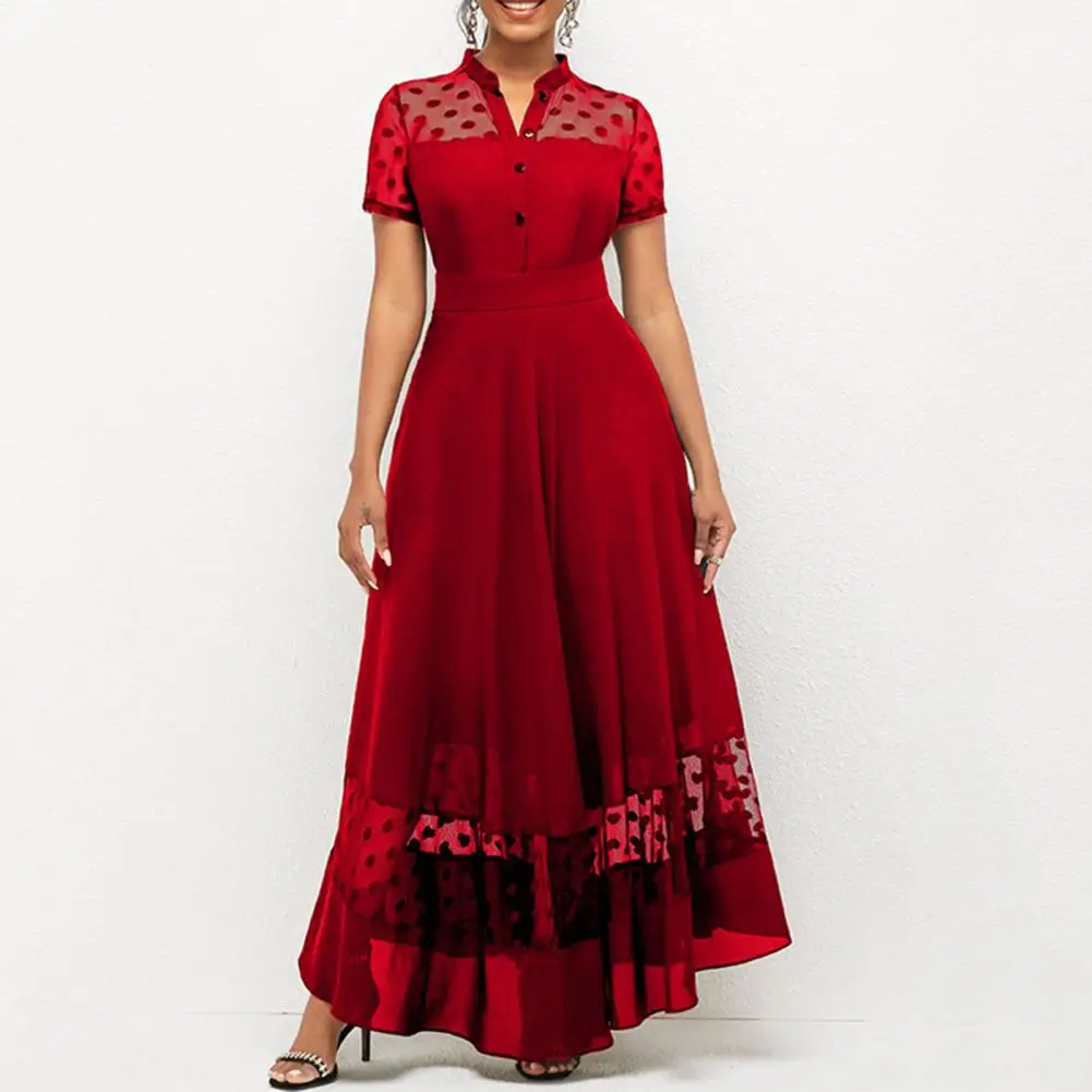 

Elegant Women Summer Dress Mesh Dot Pattern V Neck Chiffon Slim Large Hem Long Dress for Cocktail Party Ladies Clubwear