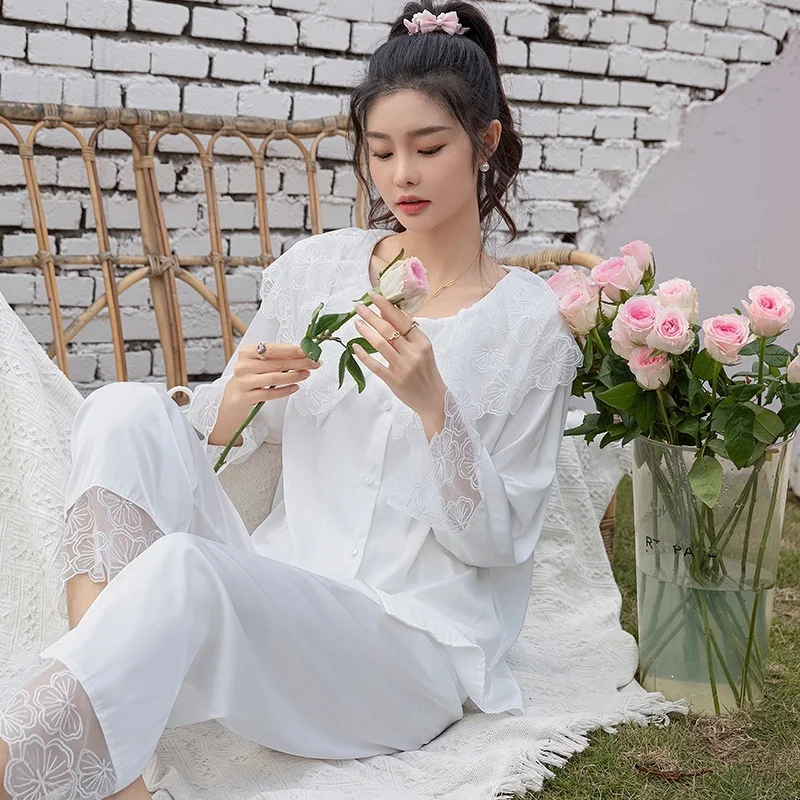 Lisacmvpnel 2022 Ice Silk Pajamas Women's Long Sleeve Lace Cloud Shoulder Pajama Set