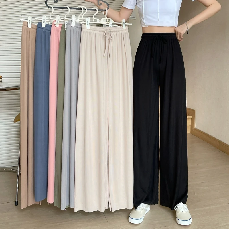 

2023 Summer Thin New Ice Silk Wide-leg Pants Women's High Waist Drape Thin Straight Loose Mopping Casual Pants