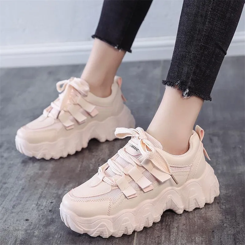 

Женские кроссовки на массивной платформе Ulzzang, розовые или белые спортивные кроссовки из искусственной кожи на шнуровке, в Корейском стиле ...